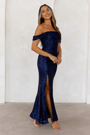 Beauty In The Details Off Shoulder Sequin Maxi Dress Navy