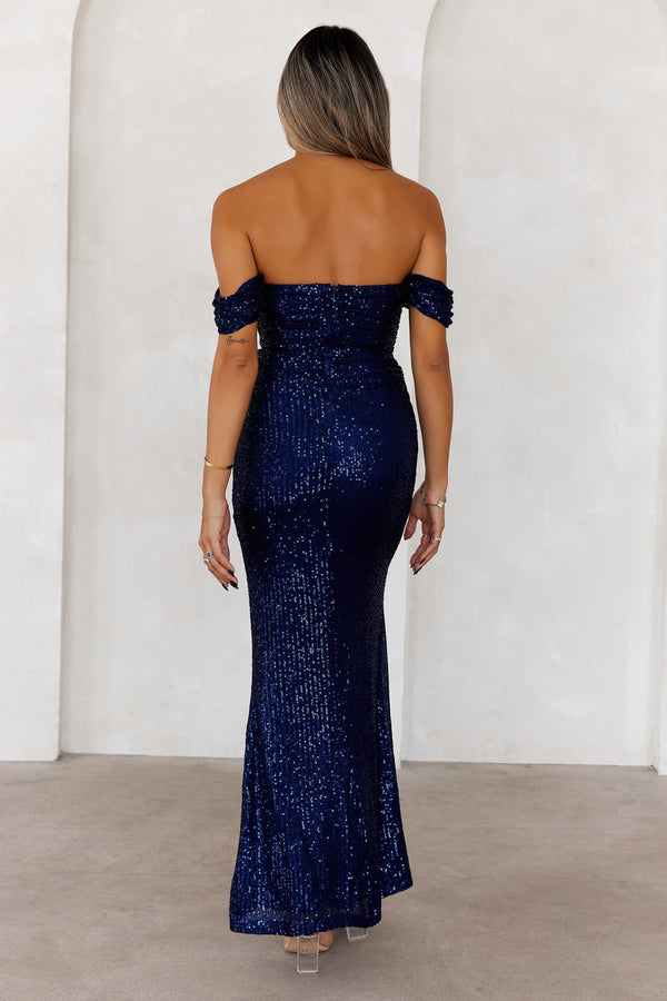 Beauty In The Details Off Shoulder Sequin Maxi Dress Navy