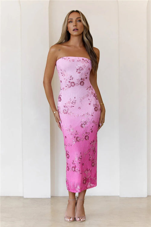 Bloom With Me Strapless Sequin Midi Dress Pink