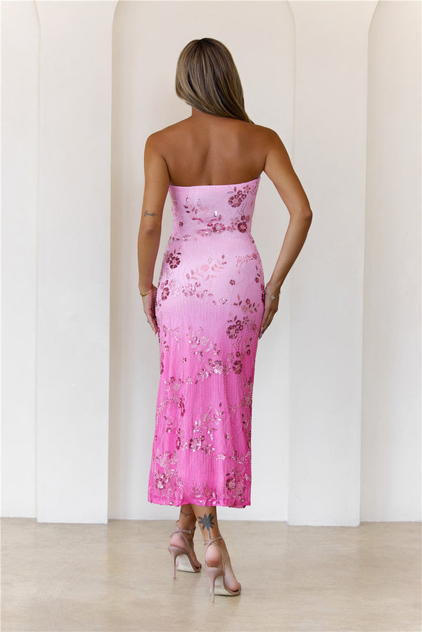 Bloom With Me Strapless Sequin Midi Dress Pink