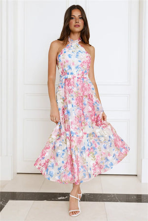 Blossom Mystique Halter Midi Dress Pink