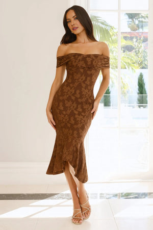 Botanical Embrace Off Shoulder Midi Dress Brown