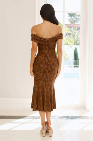 Botanical Embrace Off Shoulder Midi Dress Brown