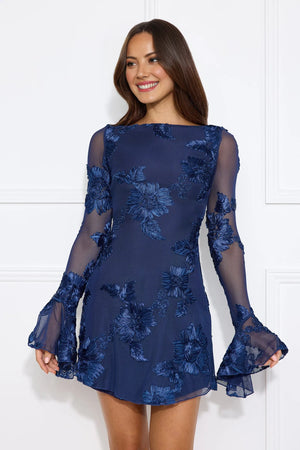 Bright Breezy Long Sleeve Mesh Mini Dress Navy