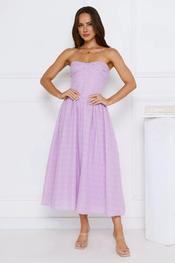 City Of Stars Strapless Embroidered Midi Dress Lilac