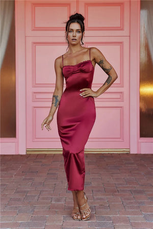 Claudia Satin Midi Dress Burgundy