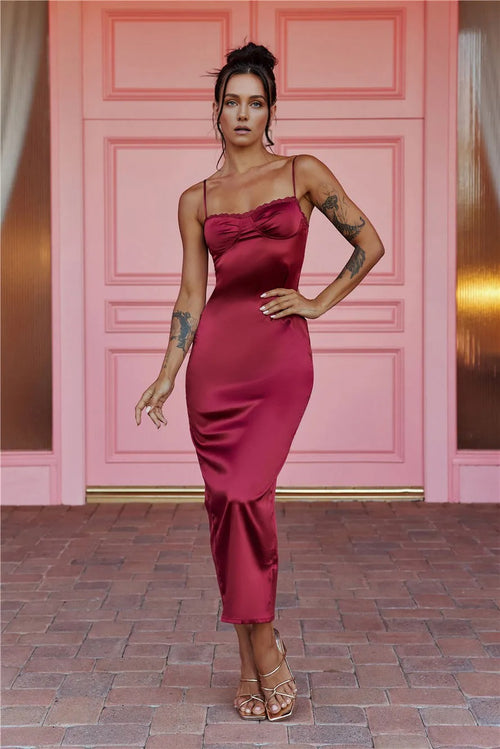 Claudia Satin Midi Dress Burgundy