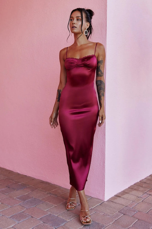 Claudia Satin Midi Dress Burgundy