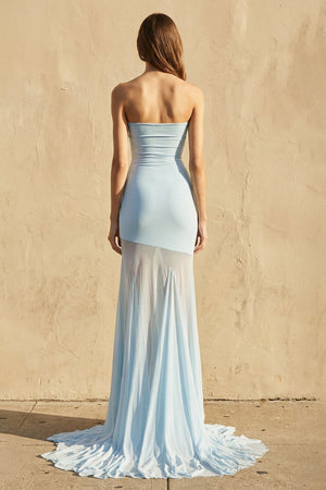 Strapless Sheer-Panel Maxi Dress in Sky Blue