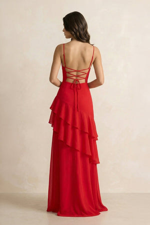 Spaghetti Straps Sheath Ruffled Maxi Dress in Red