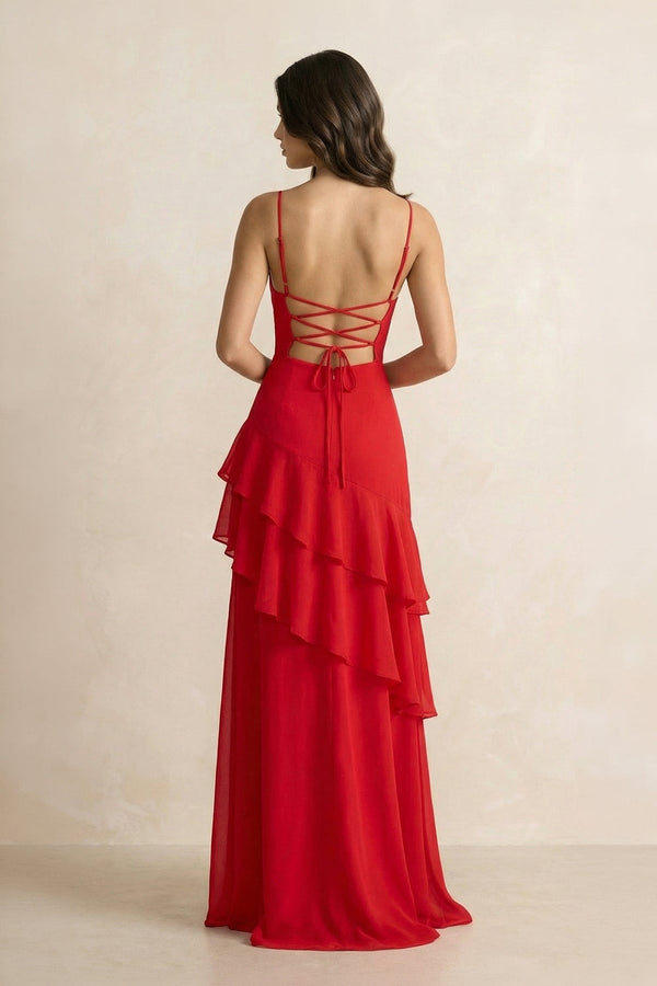 Spaghetti Straps Sheath Ruffled Maxi Dress in Red