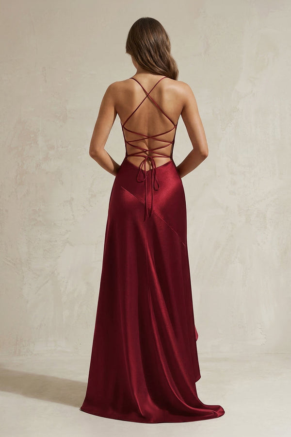 Mermaid High-Low Satin Ruffled Long Prom Dress in Burgundy