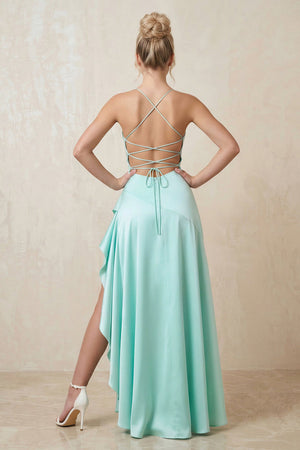 Spaghetti Straps Ruched Maxi Dress in Aqua