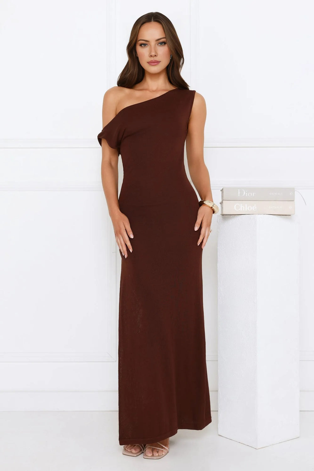 Dark Elegance Off Shoulder Knit Maxi Dress Brown
