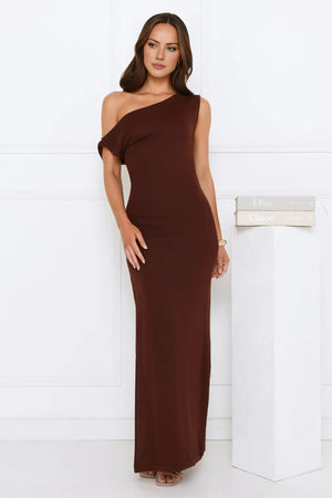 Dark Elegance Off Shoulder Knit Maxi Dress Brown