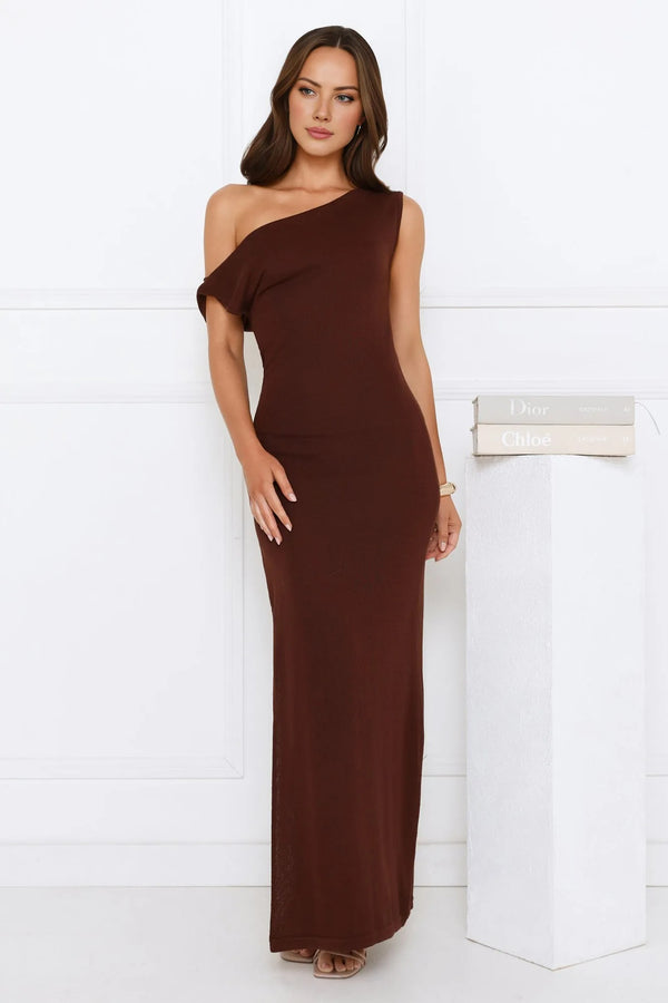 Dark Elegance Off Shoulder Knit Maxi Dress Brown