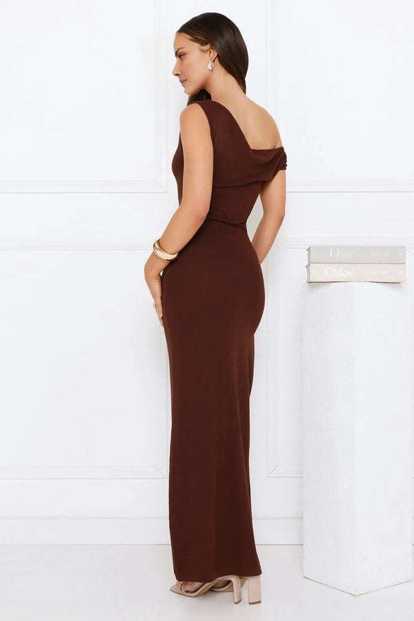 Dark Elegance Off Shoulder Knit Maxi Dress Brown