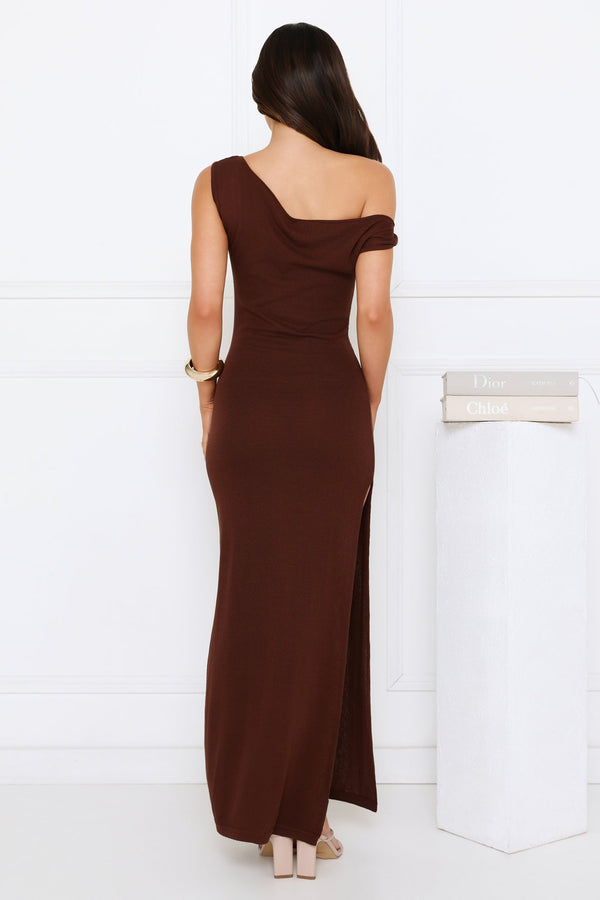 Dark Elegance Off Shoulder Knit Maxi Dress Brown