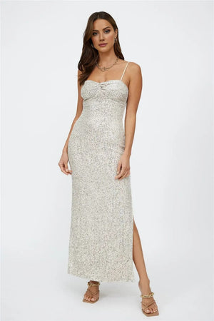 Disco Dancing Sequin Maxi Dress Beige
