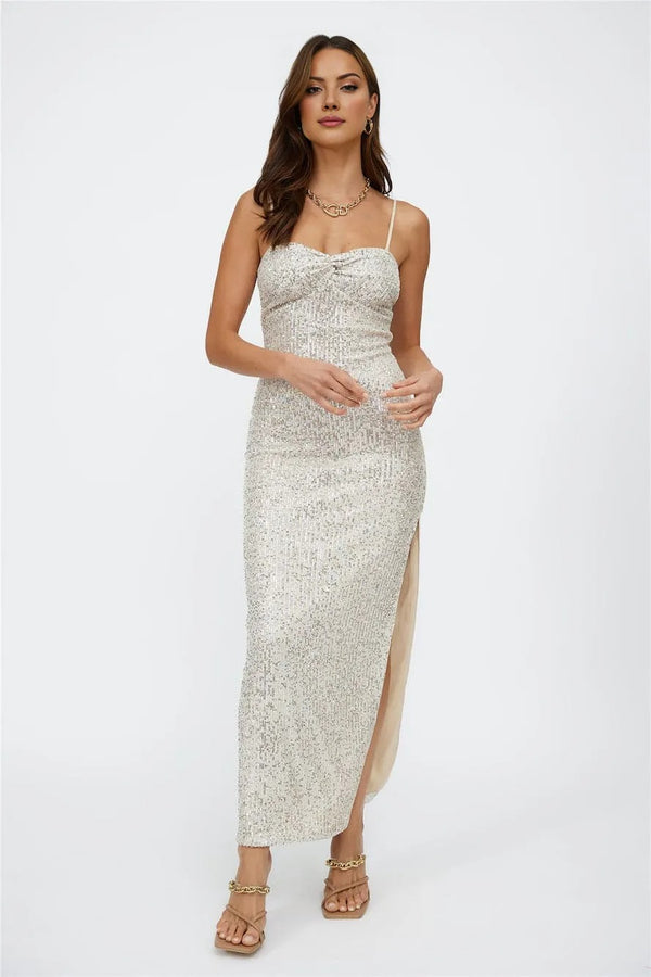 Disco Dancing Sequin Maxi Dress Beige