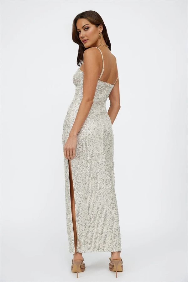 Disco Dancing Sequin Maxi Dress Beige