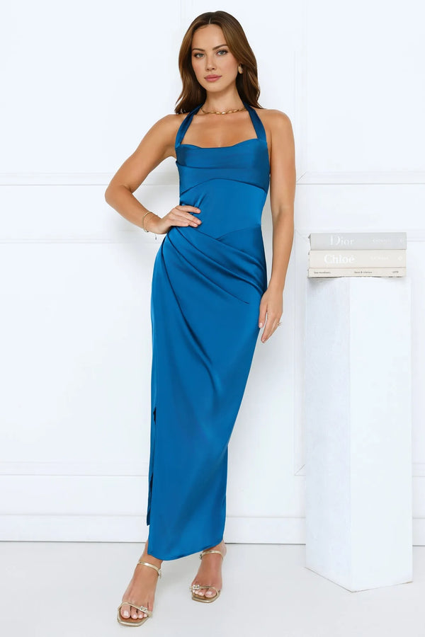 Dreamy And Sophisticated Satin Halter Midi Dress Teal