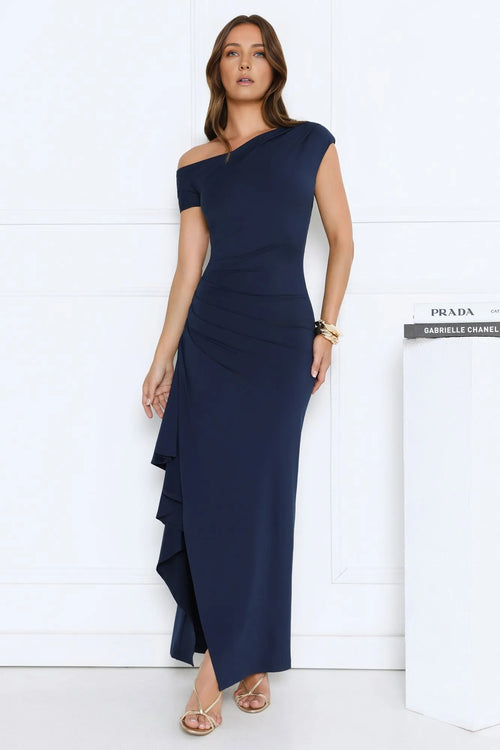 Effortlessly Irresistible Off Shoulder Maxi Dress Navy