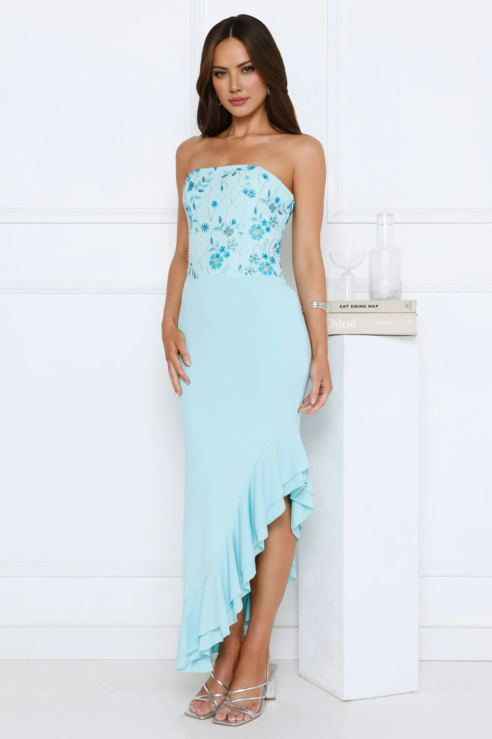 Enchanted Affection Strapless Sequin Midi Dress Blue