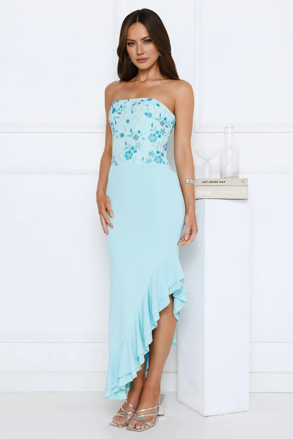 Enchanted Affection Strapless Sequin Midi Dress Blue