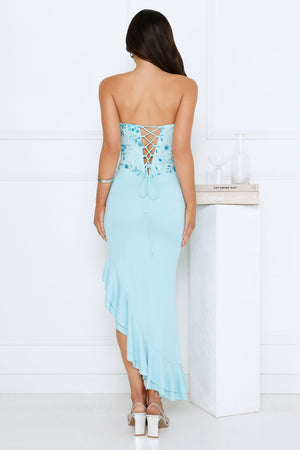 Enchanted Affection Strapless Sequin Midi Dress Blue