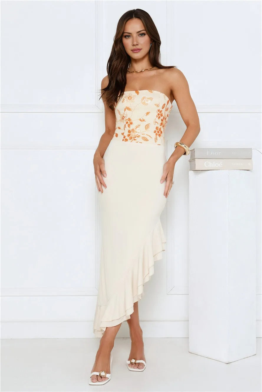 Enchanted Affection Strapless Sequin Midi Dress Yellow