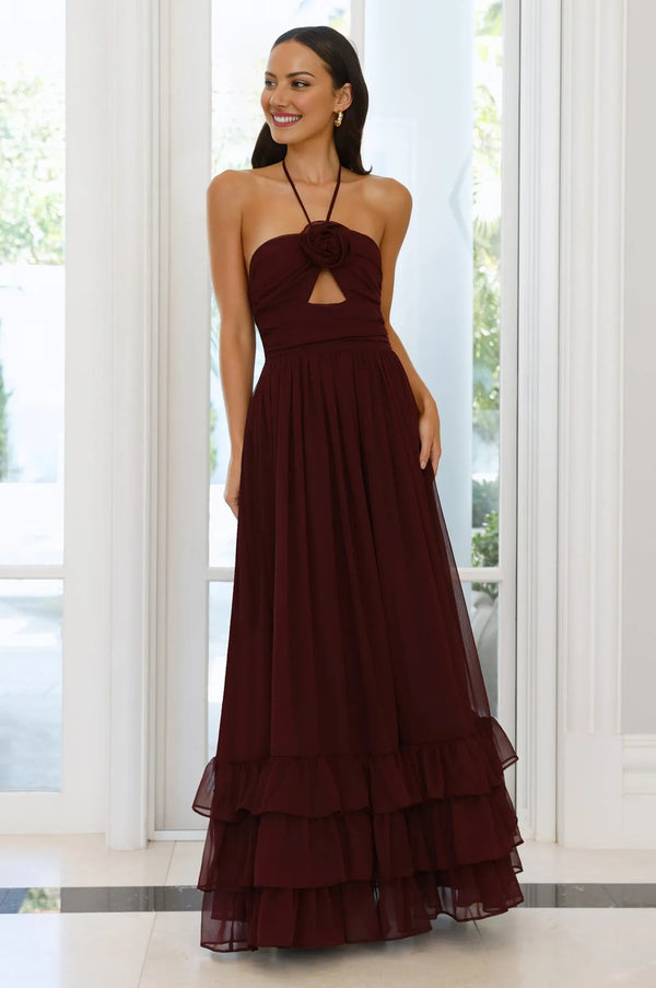Enchanted Bloom Halter Maxi Dress Maroon