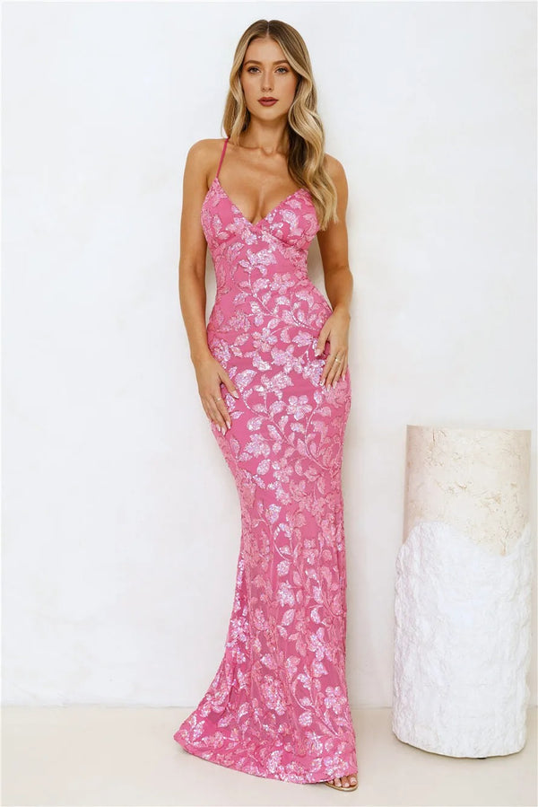 Exquisite Opulence Sequin Maxi Dress Pink