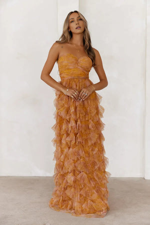 Festival Of You Strapless Tulle Maxi Dress Brown