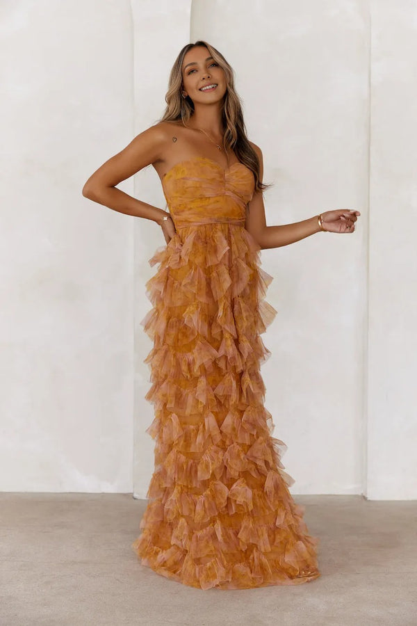 Festival Of You Strapless Tulle Maxi Dress Brown