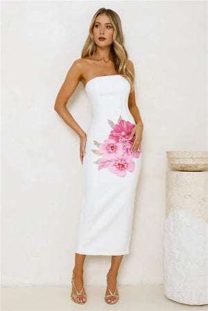 Floral Sparkle Strapless Midi Dress White