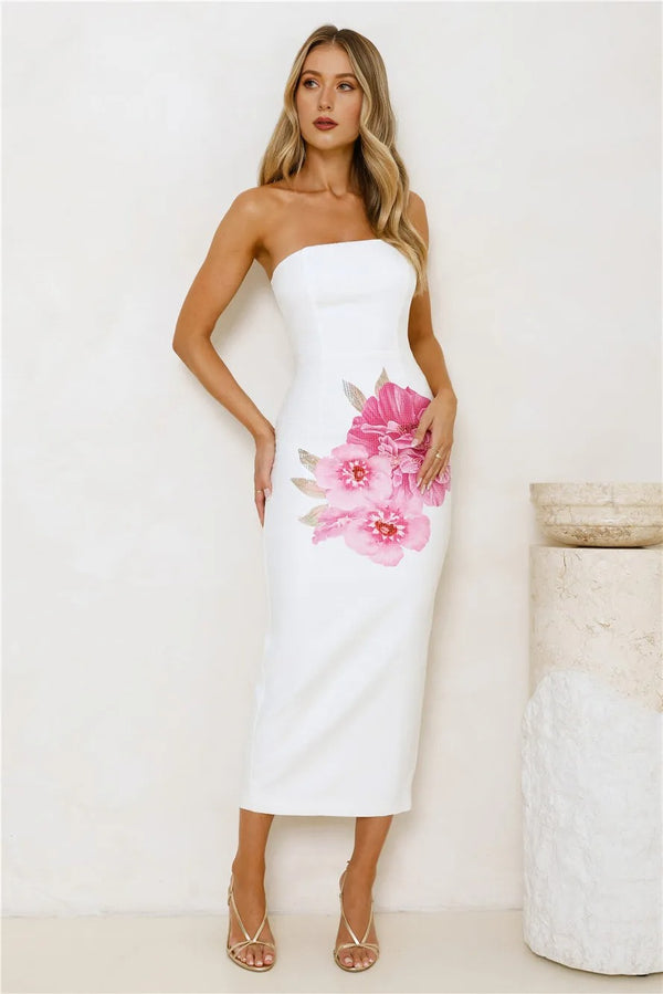 Floral Sparkle Strapless Midi Dress White