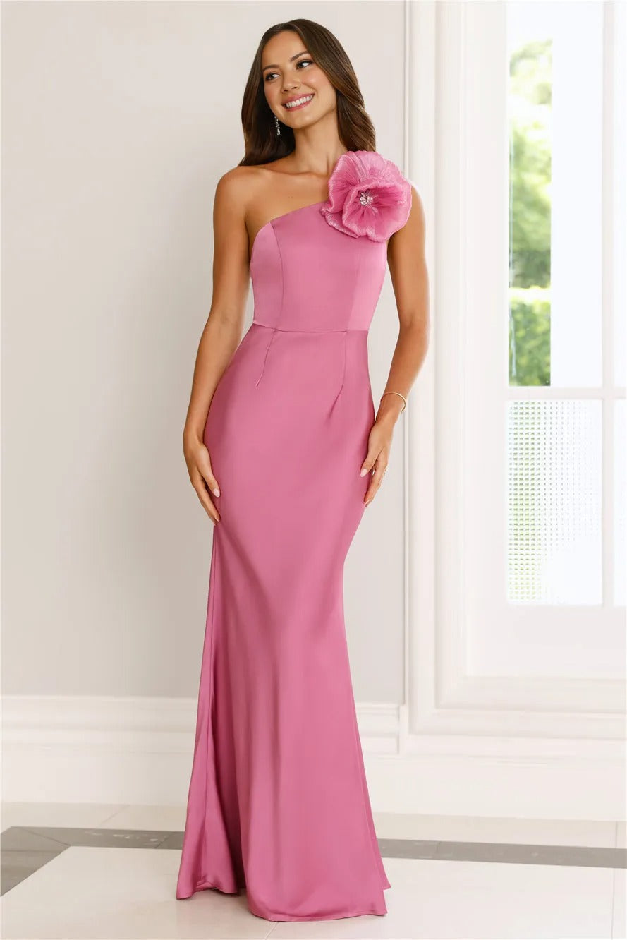 Flowered Opulence One Shoulder Satin Maxi Dress Mauve