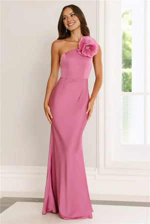 Flowered Opulence One Shoulder Satin Maxi Dress Mauve