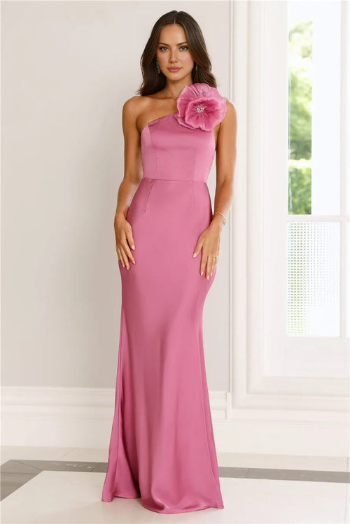 Flowered Opulence One Shoulder Satin Maxi Dress Mauve