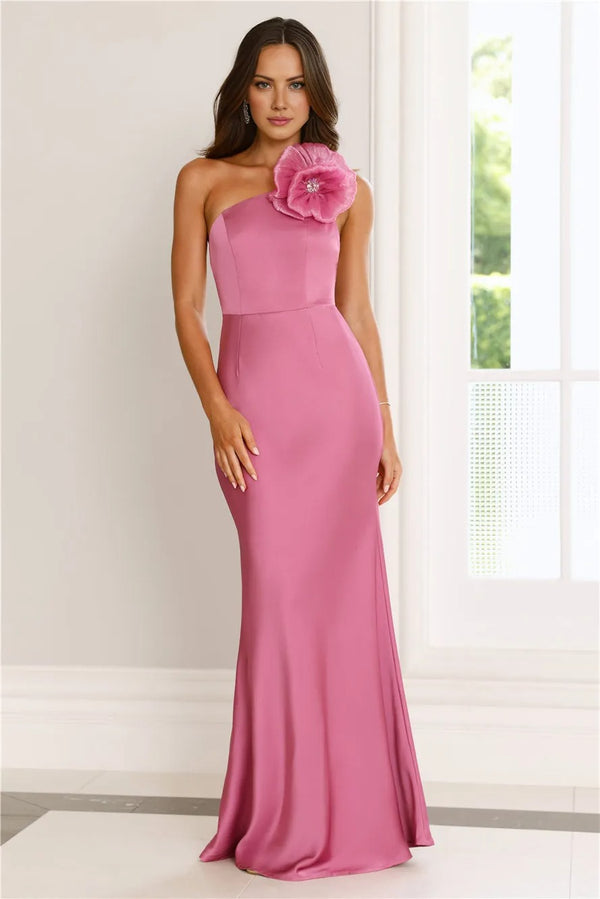 Flowered Opulence One Shoulder Satin Maxi Dress Mauve