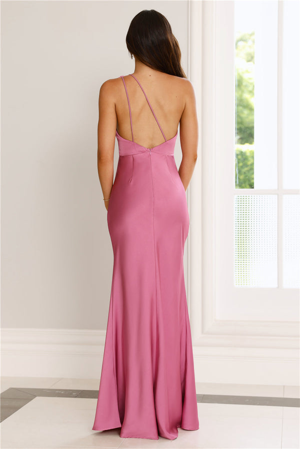 Flowered Opulence One Shoulder Satin Maxi Dress Mauve