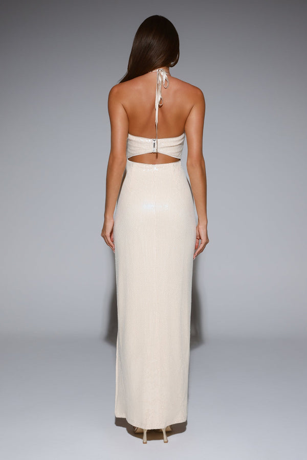 Glimmer Game Sequin Maxi Dress Beige