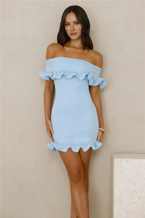 Glimmering Noir Off Shoulder Lace Mini Dress Blue