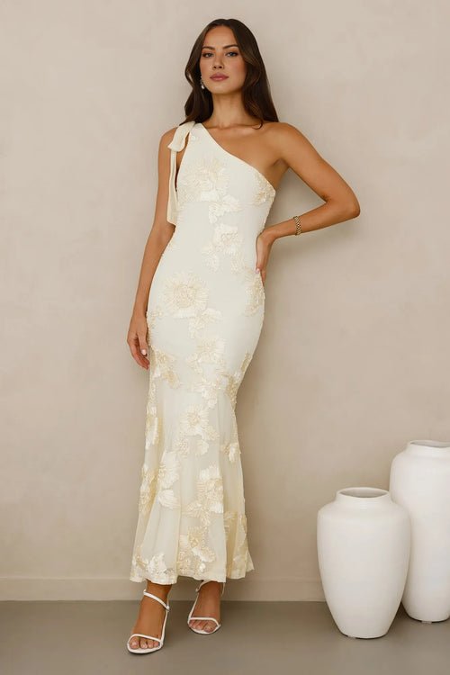 Glossy Girl One Shoulder Mesh Maxi Dress Yellow