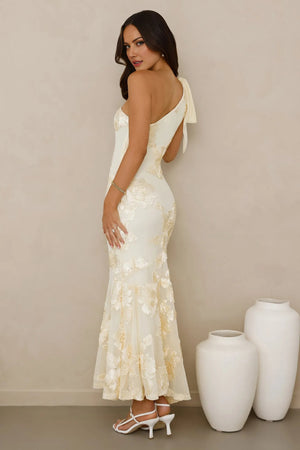 Glossy Girl One Shoulder Mesh Maxi Dress Yellow