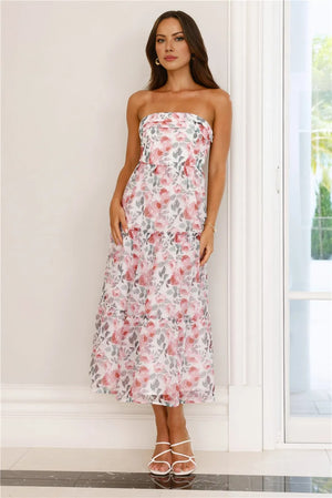 Like Wearing Poetry Strapless Midi Dress Pink