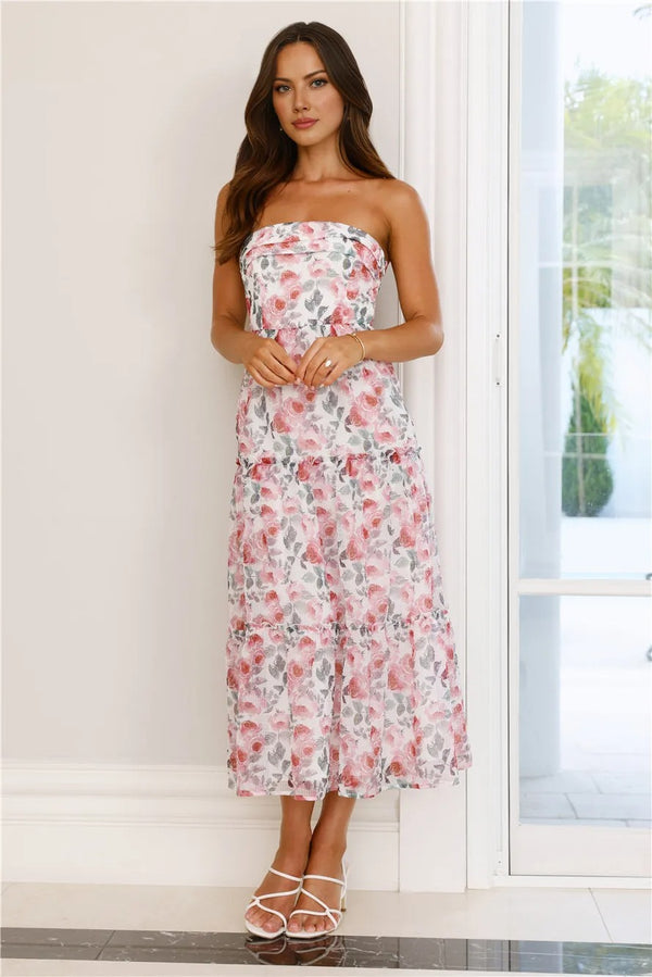 Like Wearing Poetry Strapless Midi Dress Pink
