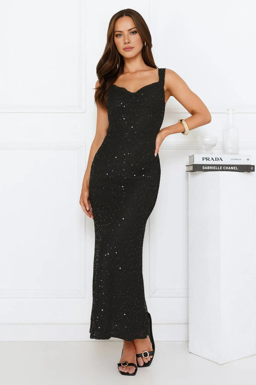 Luxe Siren Crochet Sequin Maxi Dress Black