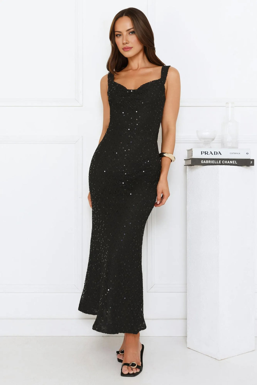 Luxe Siren Crochet Sequin Maxi Dress Black